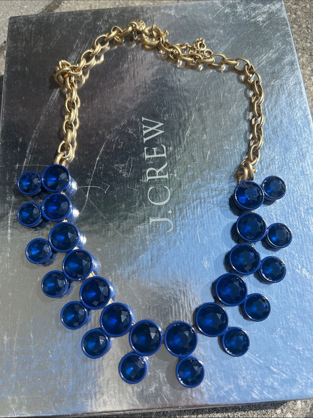 J. Crew 2012 Double Crystal Brûlée Necklace Deep Navy Faceted Glass Clusters